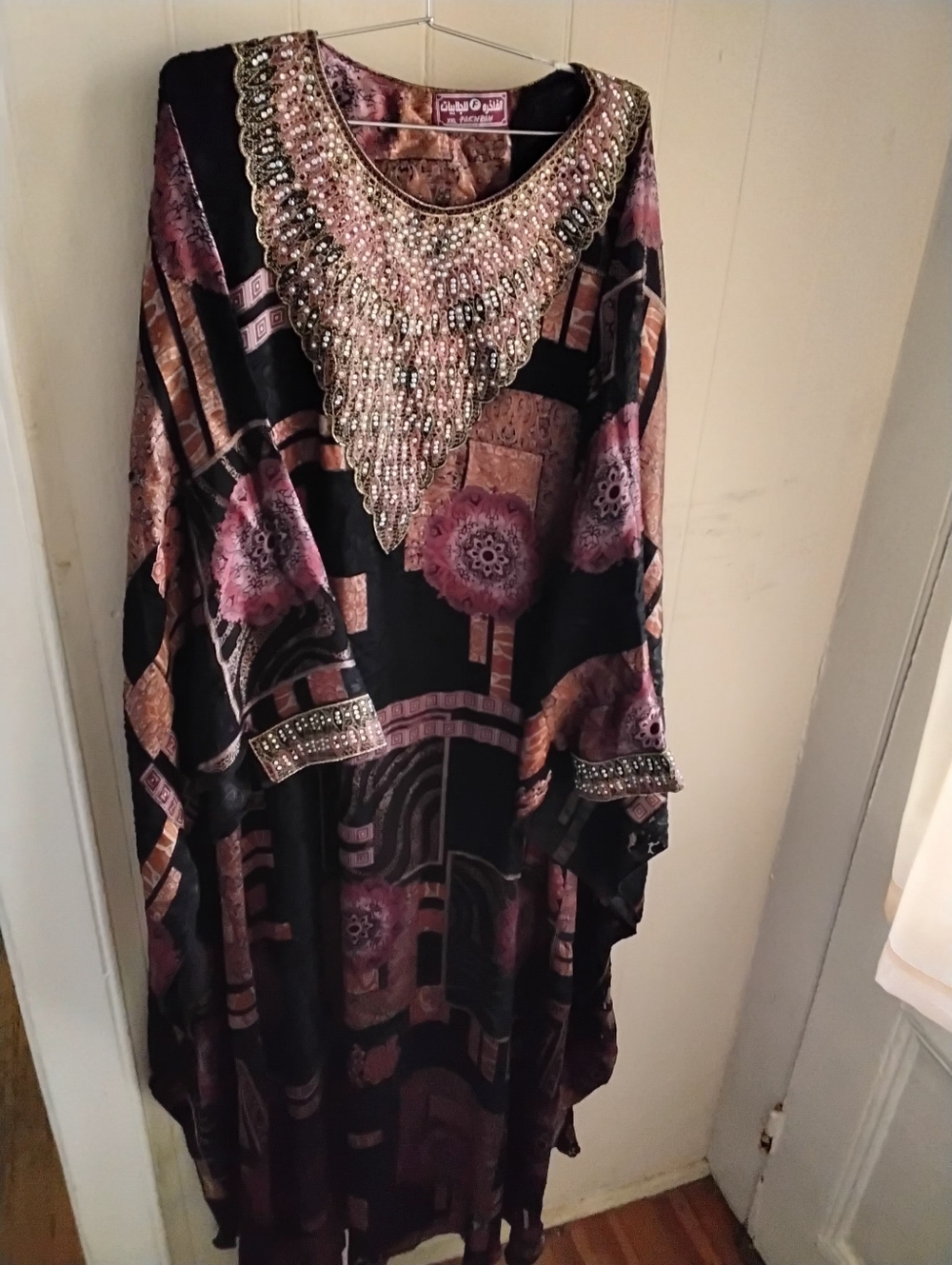Embellished Caftan Dress with Beaded Neckline - Black & Pink